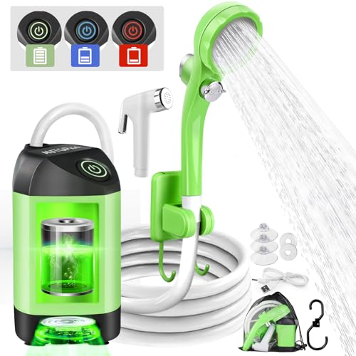 AUTOPkio Ducha Portátil, Ducha Camping Mejorada con Batería Recargable 4500mAh & Bomba IPX7 Impermeable para Acampada, Playa, Lavado Coches, Limpieza Mascotas (Verde)