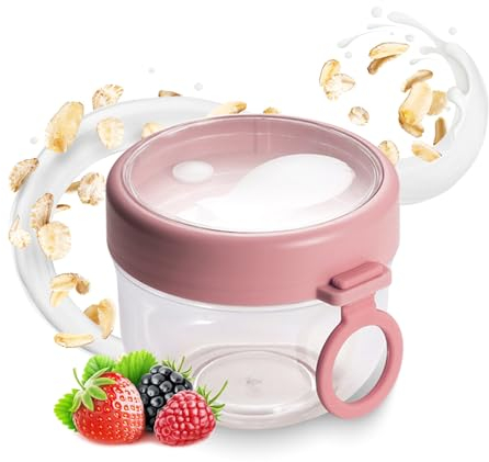 Kytpyi Porta Yogur, Porta Yogurt y Cereales, 600ml Material PC Overnight Oats Jar con Cuchara Manejar Tapa para Avena Ensalada, Portátil Taza Cereales para Llevar para Hogar Oficina Escuela(Rosa)