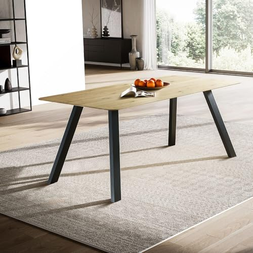 Lomadox Tisch Esstisch 200x100cm mit runder Kante, Wildeiche massiv geölt, Metallfußgestell