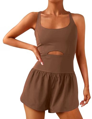 Wenlia Gym Outfit Damen Set Kurz ÄrmellosYoga Outfit Eng Elastic Romper Sexy Fitness Gym Trainningsanzug Kaffee L