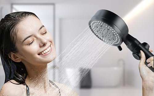 Wenrescry Ensemble de Pommeau de Douche - Soffione Doccia Anticalcare Alta Pressione, Risparmio Idrico, Tubo Nero 1,5 m, Filtrazione a 3 Strati, Base Senza Perforazione, Bianco Cromato