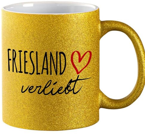 Huuraa Glitzer Kaffeetasse Friesland verliebt Geschenk 330ml Gold Friesland Geschenkidee