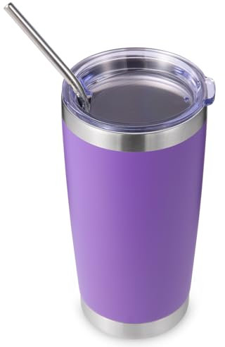 Volhoply 20oz 550ml Travel Insulated Tumbler with Lid and Straw, Double Wall Insulated Travel Iced Coffee Mug Fits Car Cup Holder,Powder Coated Cups for Hot & Cold Drinks, BPA Free(Purple,1 Set)