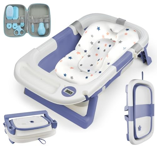 absolove Baby Badewanne Platzsparend,Babywanne Faltbare mit 8 in 1 Babypflege Set,Stützendes Badekissen und Thermostat, Tragbare Babybadewanne Bathtub für Neugeborene Kleinkind ab 0-24 Monaten(Blau)