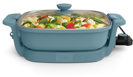 bella Make & Take Electric Skillet, Fits-anywhere™ kitchenware, EverGood™ Ceramic Coating, Adjustable Temperature & Dishwasher-Safe Tempered Glass Lid, Cast Aluminum Base, 1200 Watt, Surf