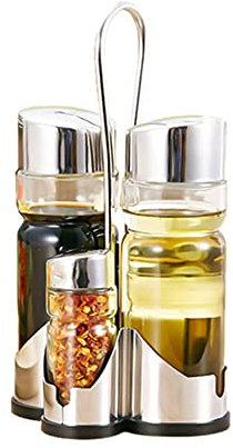 TARSHYRY 4 Pcs Olive Oil Dispenser Bottle,Seasoning Bottle Set Condiment Holder Seasoning Rack Four in One Salt Pepper Shakers Glass Cruet Set with Convenient Caddy Stand for Kitchen