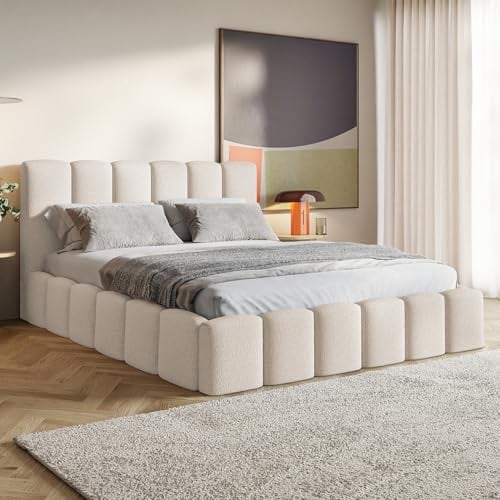 MOTIVENA Nunu Bubble Bett 200x200 Beige Boucle, mit Stauraum, mit Kopfteil, mit Lattenrost, ohne Füße, ohne Matratze, Bubble Polsterbett 200x200 mit Bettkasten Beige