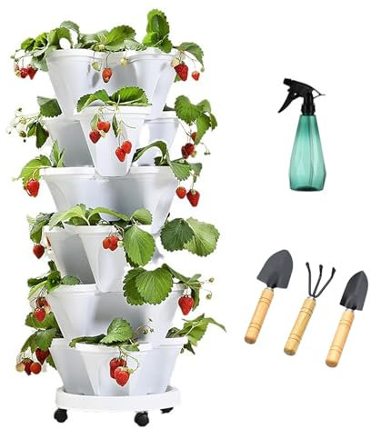 NNYCC 6 Tier Macetas Huerto Vertical Plantador con Rodillos Móviles,Apilable Torre de Fresa Planta Flores Verduras Exterior y Interior,Blanca