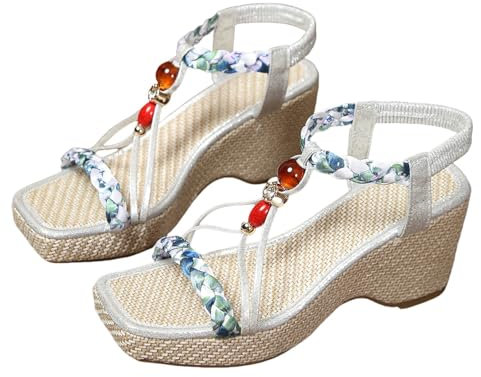 DFSDJEUW sandales confort femme Sandales Femmes Été Confortable Boheme Antidérapantes Mode Bout Ouvert Compensées Plateforme Pantoufles Premium Élégantes Large Cheville Élastique Chaussures Silver 36