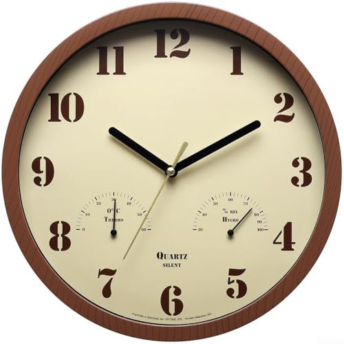 Sumsoctober Reloj pequeño para exteriores con termómetro e higrómetro, reloj de pared silencioso e impermeable de 10 pulgadas para patio, jardín, cocina, uso interior y exterior, diseño rústico de