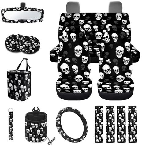 STUOARTE Lot de 15 housses de siège avant et banquette arrière divisée avec protection de volant, coussinets de ceinture de sécurité, poubelle, grille d'aération, sous-verre, motif tête de mort