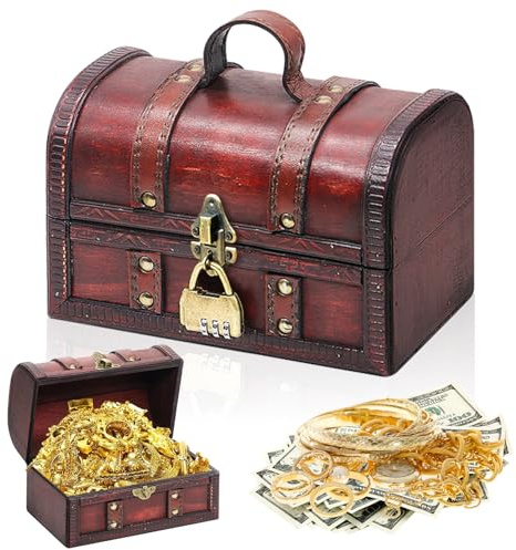 Forbabe Schatztruhe aus Holz Vintage, Schatztruhe Kindergeburtstag | Truhe mit Schloss Schatzkiste Kindergeburtstag, Holztruhe mit Deckel Zahlenschloss, Holzkiste mit Deckel(20x13x12,Mit Griff)