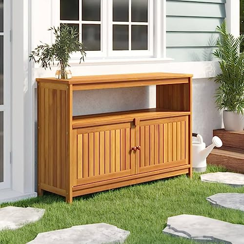 Qnhdfrt Table console en bois d'acacia massif 110 x 35 x 75 cm Table d'appoint de jardin d'extérieur avec espace de rangement pour balcon, terrasse et salon