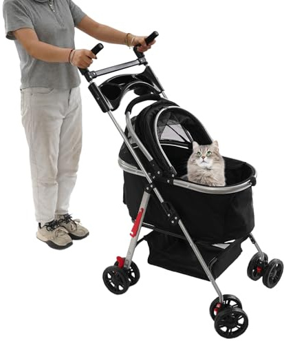 Hundebuggy 3 in1 Hundewagen Hundebox Transporttasche,Faltbar klappbar Katzenwagen,Bis 12kg, 4 PCS 360° Verschleißfeste Gummiräder, Ablagekorb,für kleine Hunde Katz (Schwarz)