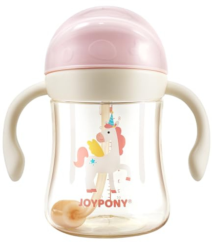 Joypony PPSU Sippy Cup, 266ml Spill Proof Weighted Straw Cup, Pink | Weighted baby water bottle with V-valve, BPA free PPSU, handles for easy grip, includes 2 silicone straws and cleaning brush