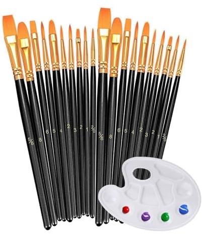 20 PCS Nylon Hair Paint Brushes Set with Palette for Acrylic, Oil and Watercolor Painting