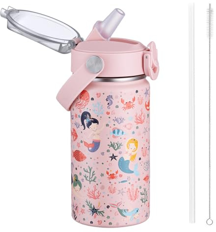 Autsel 420ml Botella De Agua Aislada Para Niños Con Pajita, Botella Agua Acero Inoxidable, Botella Termica Infantil Frías y Calientes Sin BPA