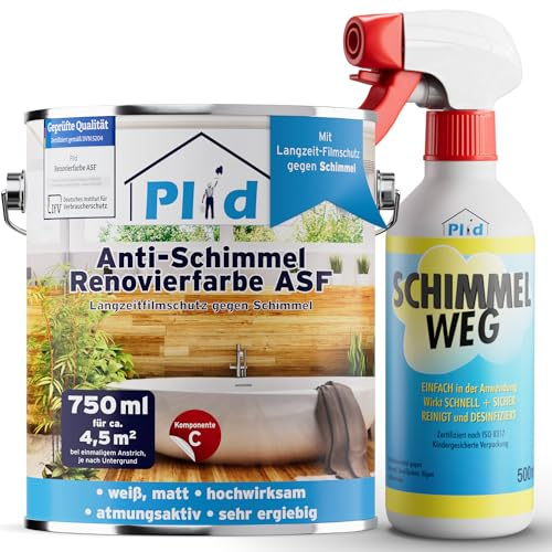 Plid Anti Schimmelfarbe Renovierfarbe Spray-Set Weiß Matt 750 ml | Anti Schimmel Feuchtraumfarbe | Badezimmer & Küche | inkl. Schimmelspray | Wandfarbe | Hochdeckend | ca. 4,5 m²