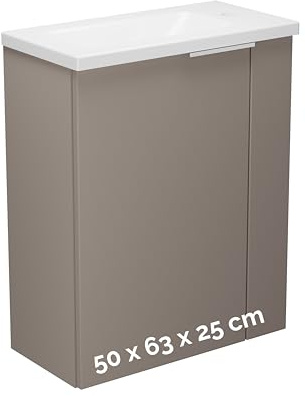 BadeDu UMEA Gäste WC Waschtisch Set 50 cm Kaschmir Grau matt – Waschbeckenunterschrank mit Gussmarmor Waschbecken Weiß – platzsparender Waschtisch für kleines Bad & Gäste WC mit Stauraum