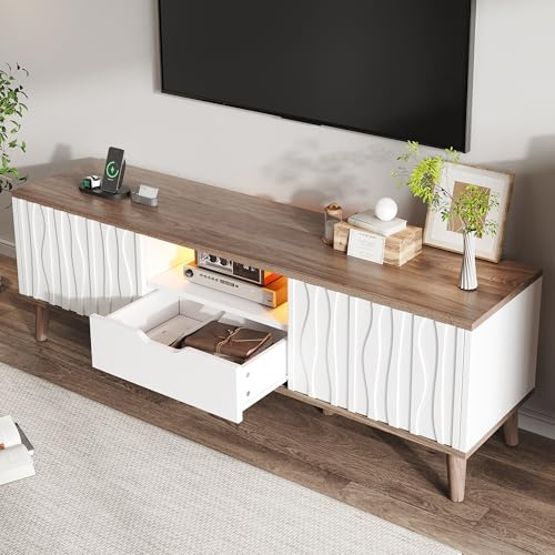 DACHETOU Mobile TV moderno con anta scorrevole e vano portaoggetti, per fino a 70 TV, bianco + legno di noce scuro, 160 x 40 x 52 cm