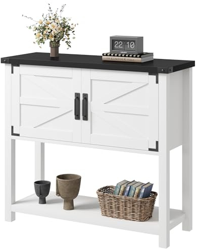 Landhaus Konsolentisch mit 2 Türen – Sideboard mit weißem Schrank und dunkler Ablage – Stauraum Kommode aus Holz für Wohnzimmer, Flur, Esszimmer, Küche – Sofa- oder Beistelltisch – Farbe: Weiß mit