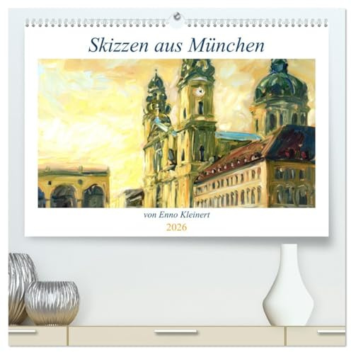 Skizzen aus München (hochwertiger Premium Wandkalender 2026 DIN A2 quer), Kunstdruck in Hochglanz: Enno Kleinert skizzierte aus seiner Heimatstadt München besondere Lieblingsplätze (CALVENDO Orte)