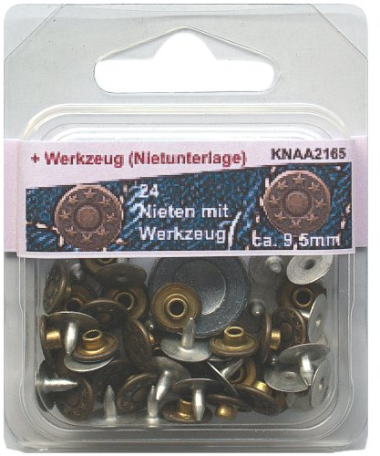 24 Stück Nieten mit Motiv ca. 9,5 mm altmessing incl. Werkzeug, Hohlnieten Ziernieten, 2165
