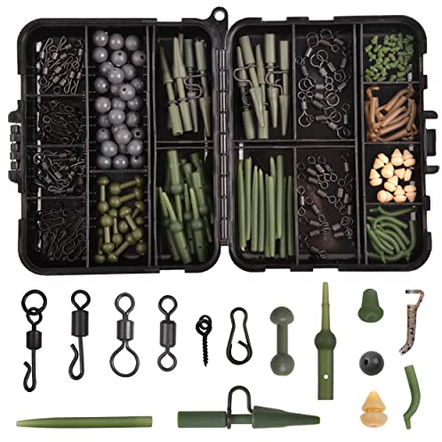 230pcs Carp Fishing Tackle Box Kit - Fishing Rigs Making Accessories - Swivel Snaps, Leader Clips, Rubber Sleeves, Terminal Tackle