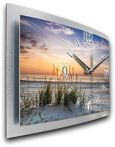 Kreative Feder 3D Designer-Wanduhr Sandstrand in modernem Metallic-Design; leise Funkuhr mit Chill Out Motiv wahlweise in Zwei Größen (Sandstrand, 80x40cm; leises Funkuhrwerk)