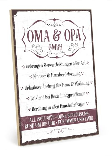 TypeStoff Holzschild mit Spruch – OMA UND OPA GMBH – im Vintage-Look mit Zitat als Geschenk und Dekoration zum Thema Großeltern und Eltern - HS-00382