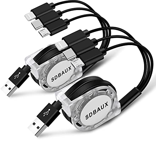 Multi Charger Cable 1M/3A/2Pack, SDBAUX Universal Charge 3 in 1 Retractable USB Fast Charging Cord Lead with iP Micro USB Type C Port, for Samsung Galaxy S22 S20 S10 S9, Sony, Moto, LG, Huawei, Xiaomi