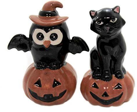 Salz- und Pfefferstreuer-Set, feine Keramik, Schwarze Katze und Eule auf Kürbis, 9,5 cm hoch