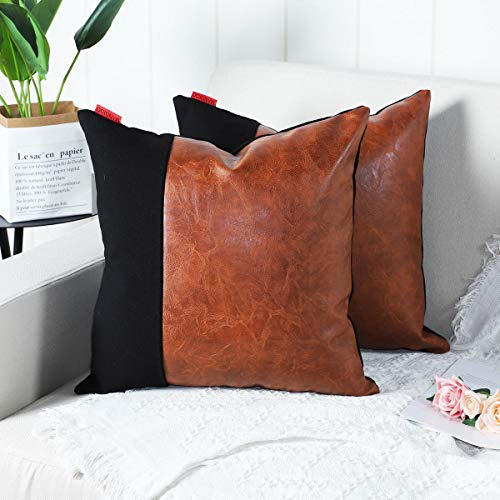 Mandioo 2er Pack Luxus Kunstleder und Baumwolle dekorative Kissenbezug Set Kissenbezüge Sofabezug Schlafzimmer Auto Kissenhülle,18x18inch 45x45cm Braun Schwarz Kissenbezug