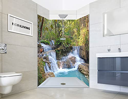 NORILIVING Duschrückwand Fliesenersatz Dusche 100x200 cm Motiv Wasserfall Kuang Si | Duschwand ohne Bohren 3 teilig | Wandverkleidung Bad Aluverbundplatte 3 mm