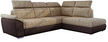 MOEBLO Ecksofa mit Schlaffunktion mit Bettkasten Couch L-Form Polstergarnitur Wohnlandschaft Polstersofa mit Ottomane Couchgranitur - DEMAR (Beige+Dunkelbraun (Berlin 03 +Soft 66), Ecksofa Rechts)