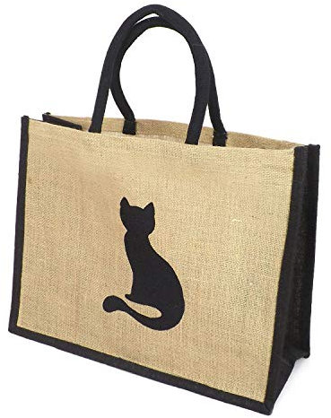 Jute Large Black Trim Shopping Bag - Printed Cat Motif…- 32cm high x 42cm Wide x 18cm Depth…