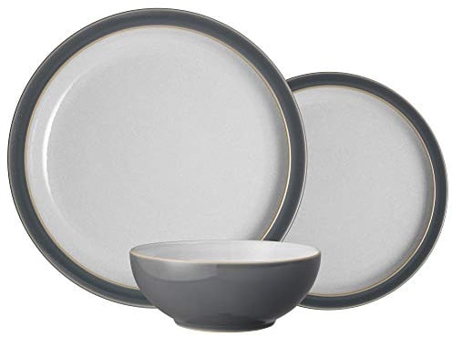 Denby - Elements Fossil Grey Dinner Set For 4 - 12 Piece Ceramic Tableware Set - Dishwasher Microwave Safe Crockery Set - 4 x Dinner Plates, 4 x Medium Plates, 4 x Cereal Bowls