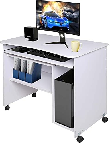 BAKAJI Scrivania con Portatastiera Estraibile Ripiano Inferiore e Vano Pora Computer Tavolo da Lavoro Porta Pc in Legno MDF con 4 Ruote Arredamento Casa Ufficio Cameretta Moderna (Bianco)