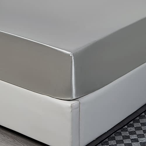 Nayoroom Spannbettlaken Satin 140x200cm Grau Seide Glanzsatin Glatt und Bequem Microfaser Spannbetttuch Bettlaken für Boxspringbett Topper Matratze bis 25 cm