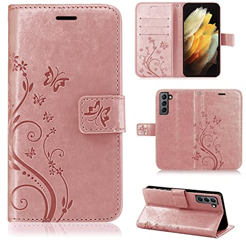 Hülle Kompatibel mit Samsung Galaxy S22 | Premium PU Leder Handyhülle Wallet Case für Galaxy S22 | Schutzhülle Blumen Klapphülle Handyhülle | Rosegold