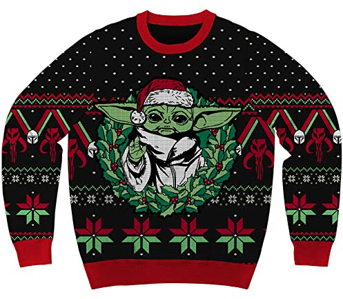 Star Wars The Mandalorian Grogu Wreath Holiday Christmas Sweater Licensed