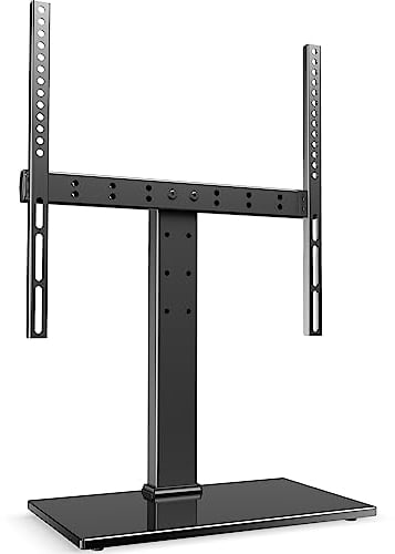 FITUEYES Universal TV Stand for 27-55 Inch TV, Height Adjustable & 10° Horizontal Adjustable Table Top TV Stand with 8mm Glass Base, Pedestal TV Mount Stand Bracket Max VESA 400x400mm Holds 40kg