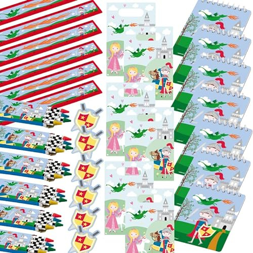 Carpeta 30-teiliges Mitgebsel-Set * Prinzessin und Ritter * für Mottoparty und Kindergeburtstag mit Partytüten, Schreibblöcke, Stifte, Lineal und Sticker | Schule Party Geburtstag