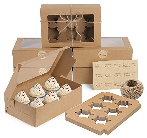 Coolty 20pcs 6 Holes Cupcake Boxes with Window Cardboard Packaging Boxes Pastry Bakery Boxes with Inserts for Muffins Cookies Cupcakes Desserts Pies (Brown)