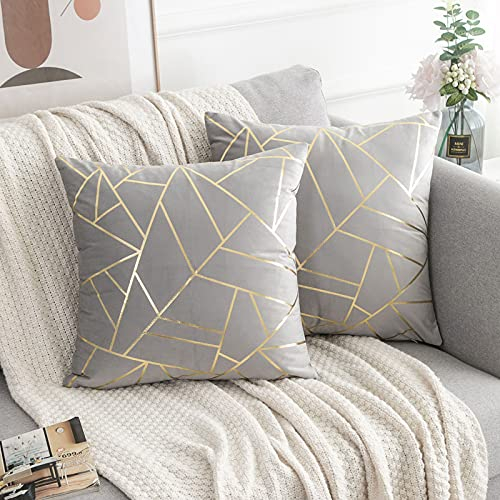Kissenbezug 50x50 Grau Kissenbezug Samt Kissenbezug Set Gold Geometrie Kissenbezug Dekokissen Kissenhülle Sofakissen Couchkissen Kissen Deko für Wohnzimmer Sofa Bett Auto Zuhause Dekoration 2er Set