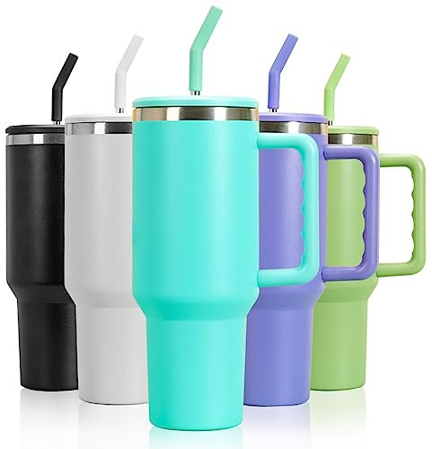 mebiusyhc 40oz Stainless Steel Vacuum Insulated Cup Double Wall Travel Flask Car Coffee Mug Tumbler with Straw with Handle for Hot Iced Coffee (Mint Green) (GMKBG98)