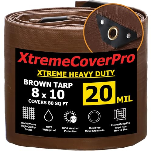 XTREMECOVERPRO 20 ML 8' x 10' Waterproof Heavy Duty Poly Tarp with Aluminum Grommets, for Home, Boats, Cars, Camping