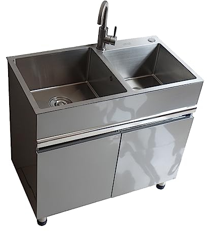 TRGCJGH Edelstahl 2 Becken Unterschrank Edelstahl Waschbecken Badmöbel Set Doppelwaschtisch für Badezimmer(90x48cm/35.4x18.8in)