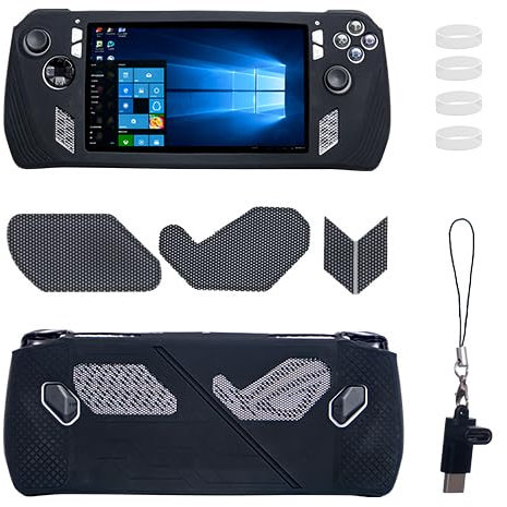 Silicone Case for ROG Ally, Protective Case for ROG Ally with Tempered Glass Screen Protectors, Dust-Proof Net, Joystick Protectors and 3.1 Adapter - Black