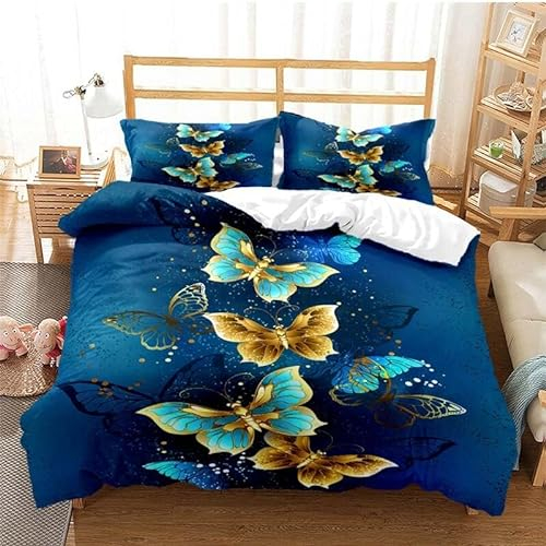 EHAOKK Goldener Schmetterling bettbezug,bettwäsche mit Schmetterlingen,Blauer,Lila,Buntes Fantasie Schmetterling bettbezug,3D Schmetterlinge bettwäsche-Sets (B, 135 x 200 cm)